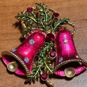 Vintage Christmas Bells Brooch Jeweled Gold Tone Winter